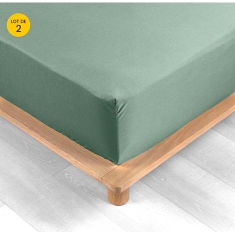Lot de 2 Drap housse percale de coton 78fils ultra doux 160 x 200 cm Tilleul (1/5)