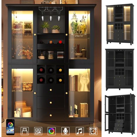 Armoire à vin connectée 180,5x120x40 cm avec LED contrôlable, Armoire de cuisine rangement pour verres et bouteilles – Meuble de rangement  avece 3 tiroirs– Idéal pour cuisine, salon ou cave à vin