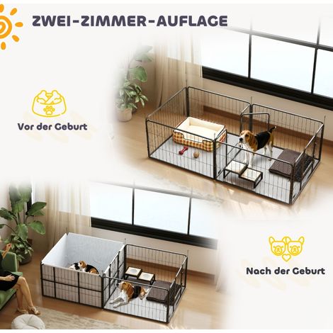 Caisse de mise bas pour chiots, parc pour chien avec 7 panneaux, 2 zones, tapis lavable, 203x102x60cm noir (1/5)