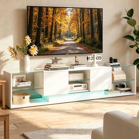 Mueble de TV lacado de alto brillo, con armario de pared, iluminación LED, 2 cajones y mando a distancia, color blanco. (1/5)
