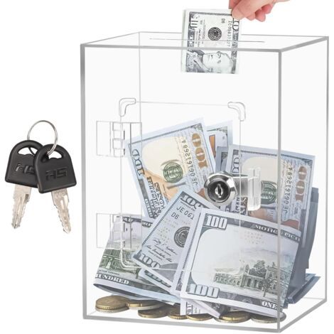Tirelire en Acrylique Transparent, 20x15x12cm Caisse Monnaie Boîte D'épargne Réutilisable avec Serrure et Clés, pour Billets et Pièces de Monnaie, pour Adultes et Enfants (Transparent)