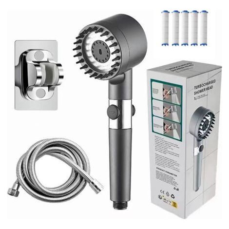 Shower head with filter, water saver, high-pressure shower head with 3+1 jets, shower head with hose, eliminates hard water, residual chlorine, bacteria and (1/4)