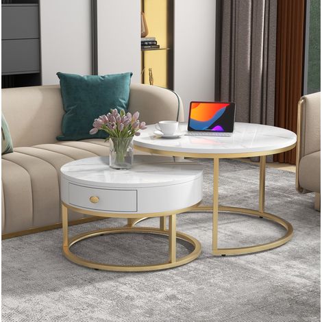 Tables basses rondes gigognes lot de 2 en MDF blanc brillant effet marbre, gain de place (1/5)