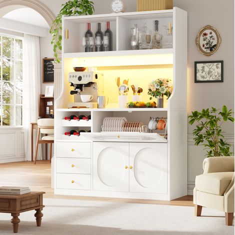 Armario alto de cocina 120x40x180 cm, vitrina con iluminación RGB, puertas correderas y abatibles, MDF y metal blanco (1/5)