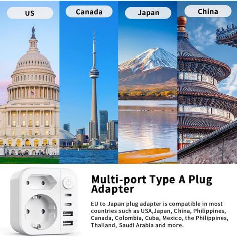 6 en 1 Adaptateur Prise Japon, Adaptateur de Voyage Japon, Connecteur de Voyage France vers Le J-apon avec 2 USB A& 2 USB C (1/5)