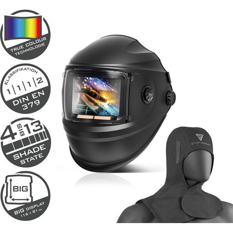 STAHLWERK casco automatico per saldatura BOOSTER 3-in-1 - casco per saldatura con cuffia per saldatura, riproduzione del colore reale, memoria del lavoro, oscuramento automatico DIN 4 - DIN 13, classe (1/5)