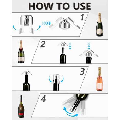 Set di 4 tappi per champagne, in acciaio inox, tappi per champagne con sistema anti-bolle, con silicone alimentare, tappi per bottiglie riutilizzabili, per bottiglie di champagne e spumante (1/4)