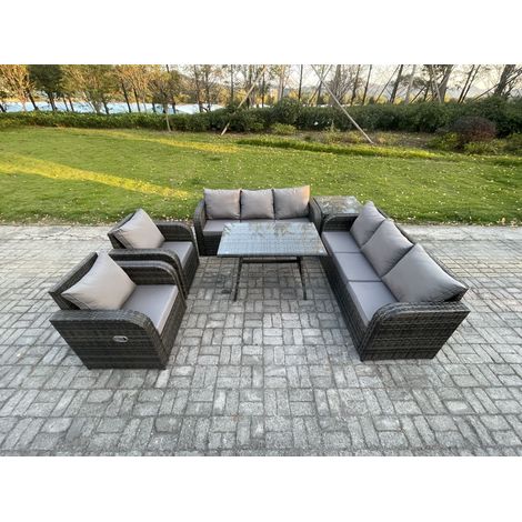 Fimous 8 places Ensemble de canapés en rotin Table & Fauteuil avec Canapé 3 places Table à manger rectangulaire Table d'appoint Gris foncé mixte (1/5)