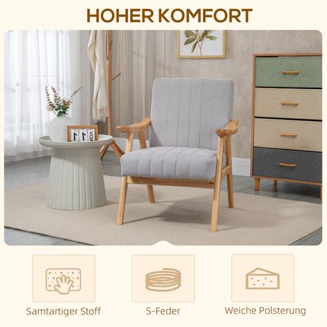 Fauteuil scandinave en velours aspect bois massif, 68x74x82 cm, gris et naturel (1/5)