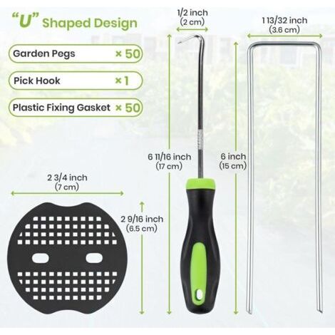 50 piquets de jardin avec 50 rondelles - Piquets en acier galvanisé pour paillis , toile de jardin , grillage et filet - 150 x 40 mm Ø 3 mm