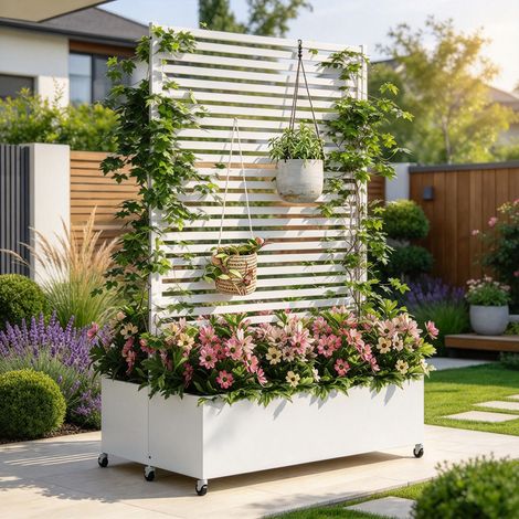 Jardinière d'extérieur surélevée en métal avec treillis et roulettes, bac autoportant servant de brise‑vue pour cultiver fleurs et légumes au jardin, sur la terrasse et le balcon (1/5)