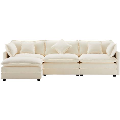 Modulares Ecksofa L aus beigem Chenille, 3-Sitzer mit mobilem Hocker (1/5)