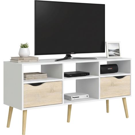 Dmora TV-Schrank mit zwei Schubladen, Farbe Weiß und Eiche, 117 x 57 x 39 cm