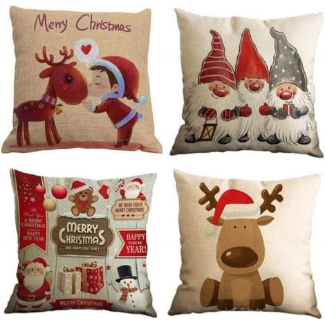 Taie d'oreiller, Lot de 4 en Coton et Lin Noël Wapiti Le père noël Bonhomme de Neige Nain Imprimé Housse De Coussin carré 45 x 45 (1/4)