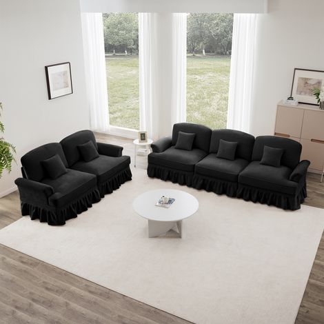 Canapé modulable 5 places avec pouf, canapé d'angle rétro élégant en tissu chenille, jupe froncée amovible, design modulable et flexible, idéal pour salon moderne, Noir