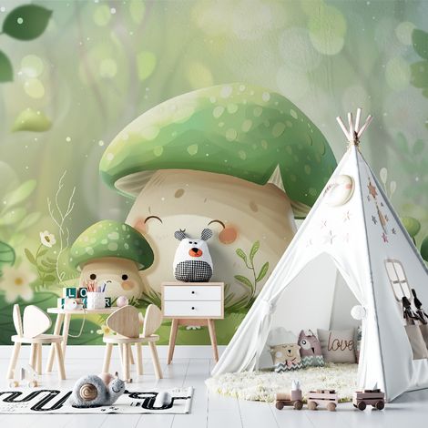 Papier peint enfant famille de champignons dans la foret lumineuse 1 - 150 x 250 cm (1/2)