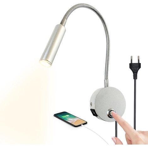 Dimmbare Touch-Wandleselampe, LED-Nachttischlampe mit USB-Anschluss und Schalter, flexible Schwanenhalsleuchte mit Stecker (1/5)