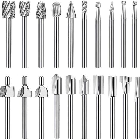Gravierbit-Set mit hoher Härte, 10 HSS-Hartmetall-Gravierbits und 10 Fräser mit 3 mm Schaft für Rotationswerkzeuge zum Schnitzen, Bohren, Gravieren und Entgraten von Holz (1/5)