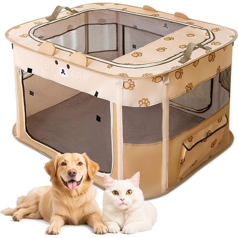 (Ours Marron, L) Parc pour Chien Pliable, Enclos Portable pour Chiot Chat Lapin, Tente Respirante d’Intérieur/Extérieur avec Sac de Transport, Idéal pour Voyage et Camping.