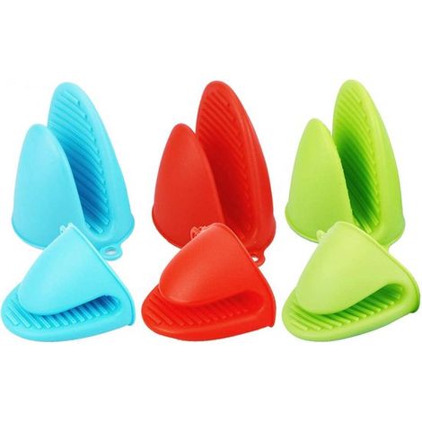 Mini guanti da forno/presine con funzione di serraggio, protezione dal calore per la cucina, antiscivolo, design flessibile, 3 paia, rosso, blu, verde (1/5)