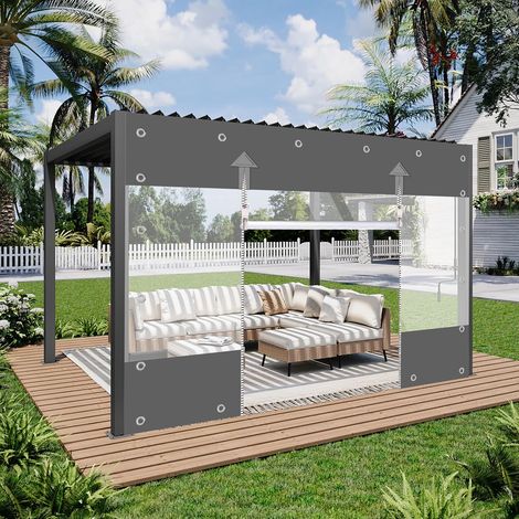 Toile transparente, toile en PVC 650 g/m², rideau d'extérieur avec fermeture éclair, bâche imperméable, protection contre le vent et la pluie pour pavillon, balcons, terrasses (Gris, Hauteur 2,4 m x (1/5)