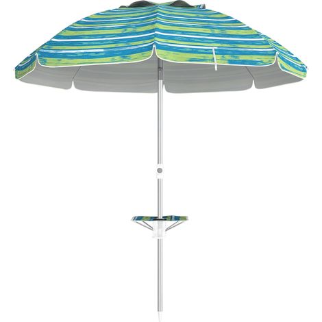 Parasol de plage Ø190 x 215 cm avec enclenaison à 45°, hauteur réglable et table avec porte-gobelet, anti-UV, imperméable, multicolore