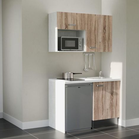 Kitchenette K07L-PT - 120 cm - plan stratifié, évier inox, - Façade Bois - Plan Blanc - Crédences Non + Electroménager inclus coloris Inox