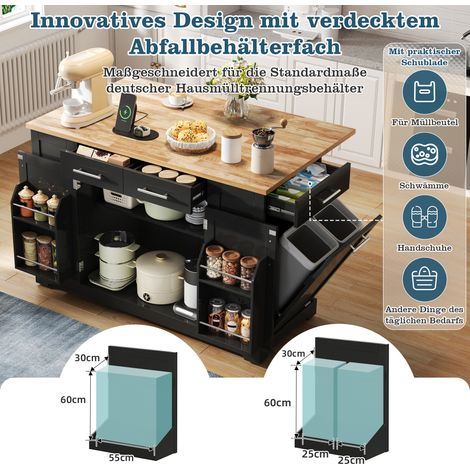 138 cm,Moderne Kücheninsel mit Klapparbeitsplatte, geräuscharmen Rollen, EU-Steckdose, verstellbaren Regalen und Auszieh-Müllraum -  Schwarz mit Holzoptik (1/5)