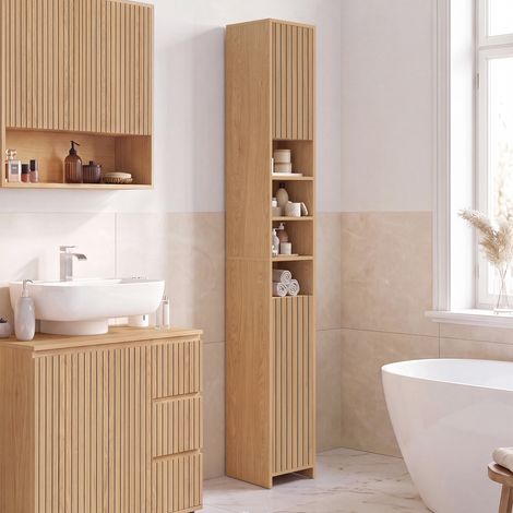 VICTOR Mueble bajo de baño de 2 puertas con 4 huecos efecto lamas (1/5)