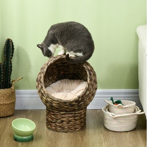 Cuccia per gatti in rattan con cuscino lavabile, 40 x 37 x 51 cm, marrone OKMYHOME (1/5)