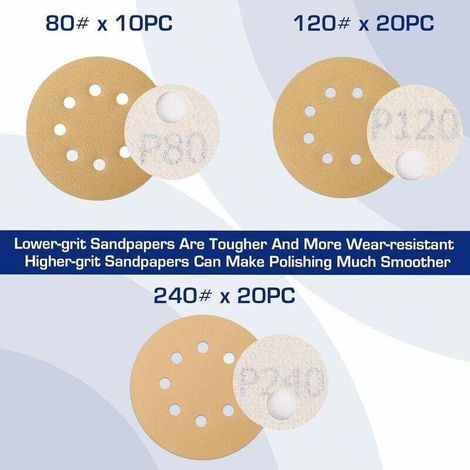 Disques de Ponçage 125mm 50 Pièces, Grain 80, 120, 240, 3 Fois Plus Résistant, Disques Abrasifs 125mm de Qualité avec 8 Trous pour Polissage, Dérouillage, Finition (1/4)