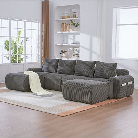 Sofa 4-Sitzer modular aus Cordstoff Dunkelgrau, 333x174x80 cm, mit 2 Hockern, Cupholder und Seitentasche (1/5)