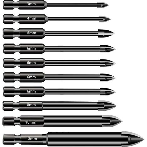 Set mit 10 Hartmetall-Sechskantschaftbohrern – Mehrzweck-Bohrerset für Porzellan, Keramik, Spiegel, Beton, Ziegelwände und Glas.