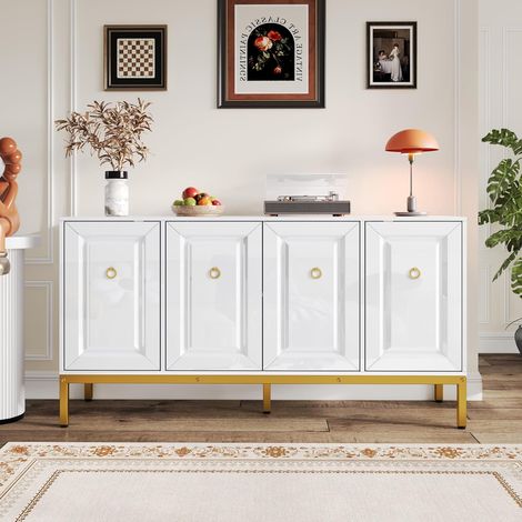 Enfilade Brillant 140×80×40 cm avec 4 Portes Buffet poignées et Pieds dorés avec étagères armoires latérales pour Salon Salle à Manger Cuisine Chambre à Coucher buffets Blanc (1/5)