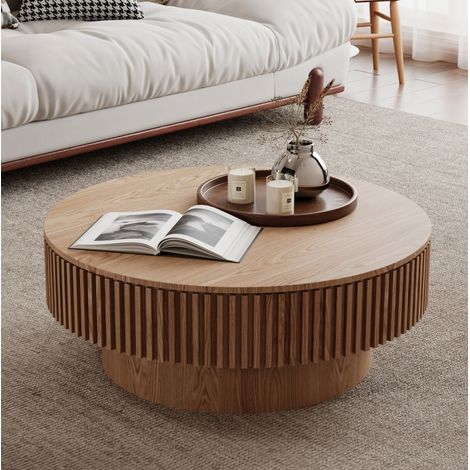 Table basse ronde 75x75x35 cm en MDF avec placage bois naturel, rangement salon – MEUBLIV (1/5)