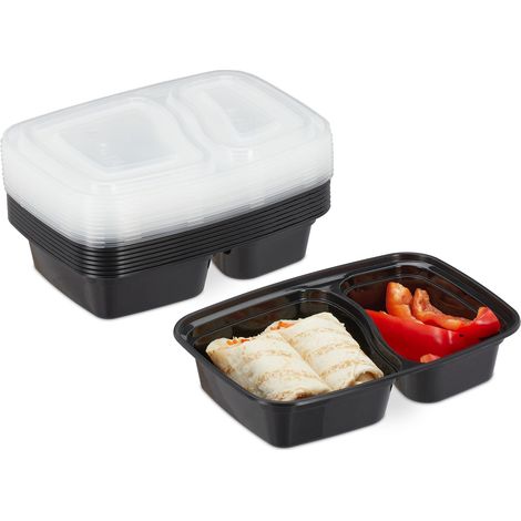 Relaxdays Vaschette per Alimenti in Set da 10, 2 Scomparti, Riutilizzabili, Porta Pranzo in Plastica con Coperchio, Nero