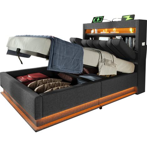 Letto Contenitore Singolo 90 x 200 cm in Lino con LED, USB e Type-C, senza Materasso, Grigio (1/5)