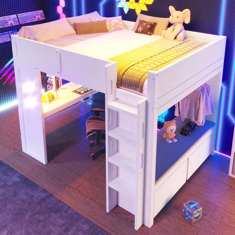 Lit mezzanine en bois 140x200cm avec bureau gaming,panneau perforé, étagères,LED,USB/USB-C,tiroirs,penderie,pin/MDF,blanc (1/5)