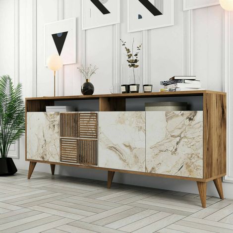 Dmora - Consola Dpogg, Mesa multiusos, Gabinete de soporte, Escritorio de pasillo, 180x35h79 cm, Nogal y Mármol Blanco (1/5)