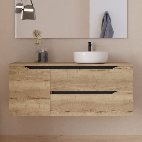 Meuble de salle de bain 120cm avec plateau et vasque à poser déportée à droite Ares - sans miroir - 2 tiroirs et un placard - madera miel (bois clair) - ZARZA (1/5)