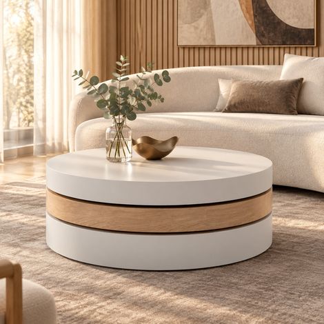 Couchtisch mit 360° drehbarer Tischplatte, 60 x 60 x 35,1 cm, Weiß/Natur (1/5)