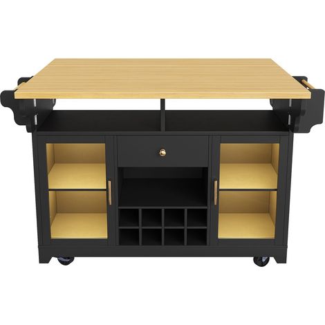 Desserte de cuisine 95 cm éclairage led plateau rabattable des deux côtés étagères réglables porte-bouteilles mobile finition noire (1/5)