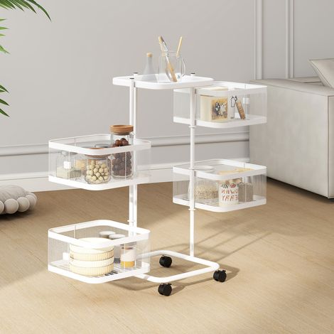 Paquete de 4 cestas giratorias con ruedas, carrito para frutas y verduras, bandeja, estante de alambre, 33x33x77cm, blanco