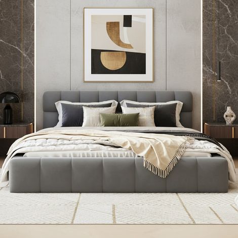 Letto per adulti 160x200, letto matrimoniale con schienale morbido, letto basso con bordo imbottito, tessuto di lino, rete a doghe inclusa(160x200cm, Grigio)