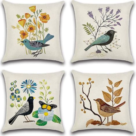 Lntyq Housse de Coussin Fleurs et Oiseaux Motif 45 x 45 cm Taie d'oreiller pour Canapé Maison Salon Chambre Décoration 4 pièces (Fleurs et Oiseaux Classiques)