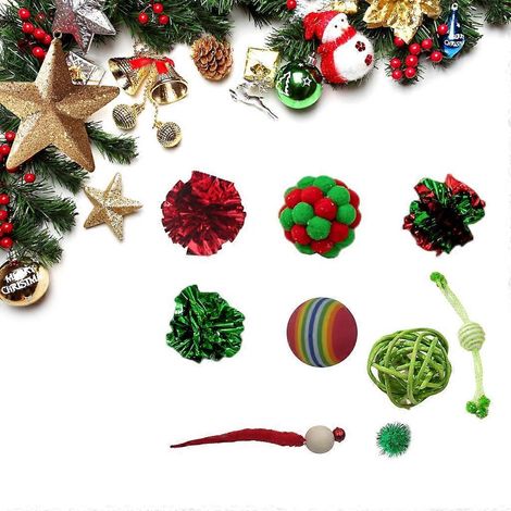 Weihnachtliches Katzenspielzeug: Bälle mit Fellanhängern und Pompons - Set mit 9 lustigen Teilen.