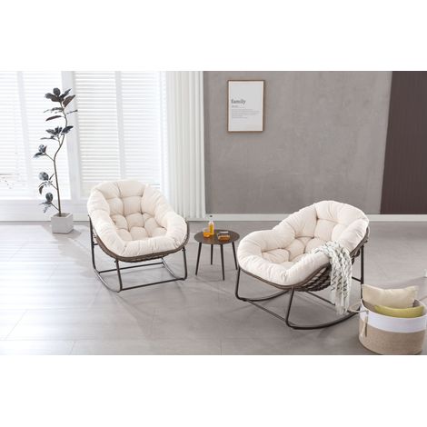 Fauteuil à bascule extérieur, œuf en rotin oversize pour patio, chaise berçante confortable avec coussin épais, salon moderne pour balcon, terrasse, jardin, cour, deck, blanc (1/4)