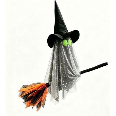 Suspension lumineuse balai fantôme volant, décoration d'Halloween pour fenêtre ou cour extérieure, style maille à paillettes - Noir - Sans lumière