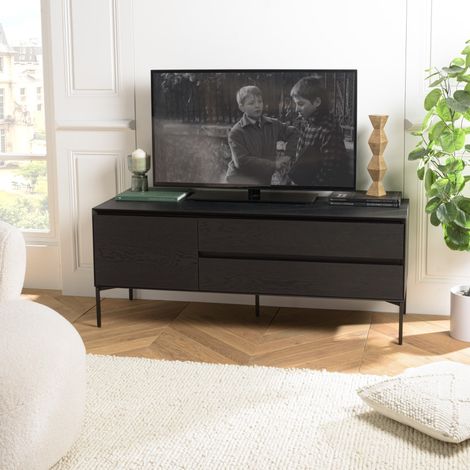 MAXENDRE - Meuble TV en bois noir 1 porte 2 tiroirs pieds métal noir (1/5)
