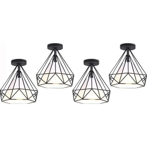 U-Do 4Pcs Plafonnier Industriel Lampe Abat - Jour Cage forme Diamant en Métal Noir design Vintage pour Cuisine Salon Bureau (1/4)